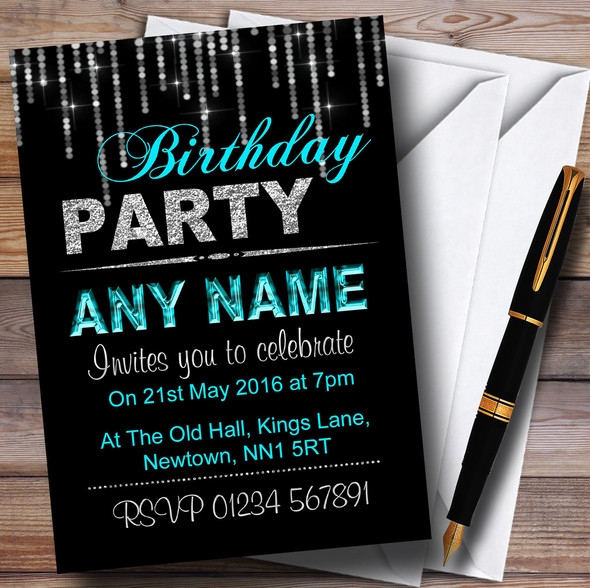 Silver And Aqua Blue Glitz Birthday Party Personalized Invitations