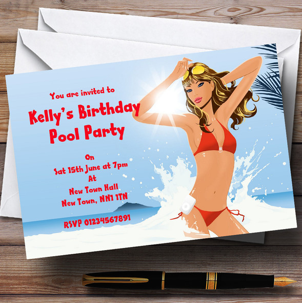 Beach Swimming Pool Personalized Party Invitations