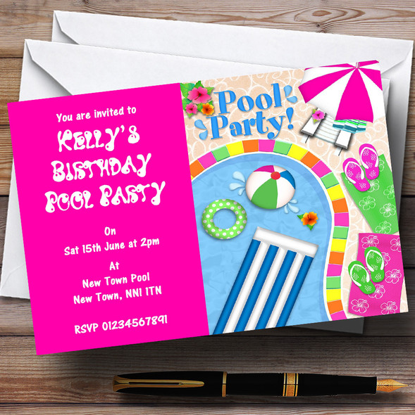 Hot Pink Summer Swimming Pool Beach Personalized Party Invitations
