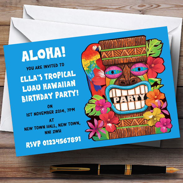 Blue Tropical Luau Hawaiian Personalized Party Invitations