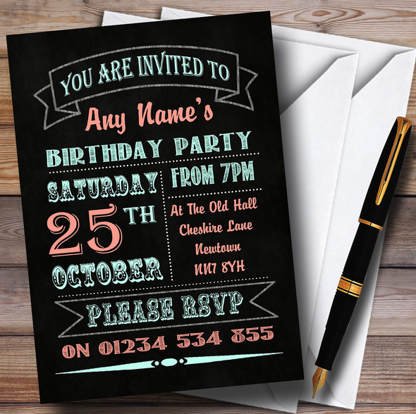 Carnival Banner Vintage Chalkboard Style Green Coral Birthday Party Personalized Invitations