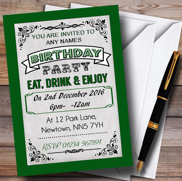 Green Vintage Carnival Personalized Birthday Party Invitations