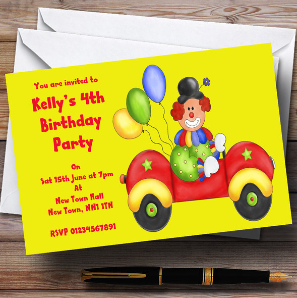 Yellow Clown In Car Personalized Children's Party Invitations