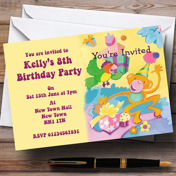 Yellow Purple Cheeky Monkey Children's Personalized Party Invitations
