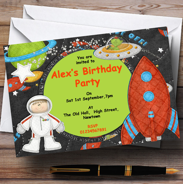 Cute Spaceman Astronaut Alien And Rocket Personalized Birthday Party Invitations