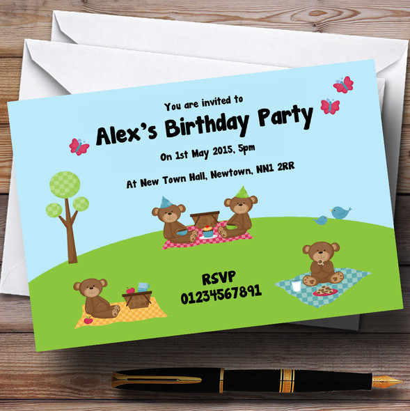 Picnic Teddy Bears Personalized Birthday Party Invitations