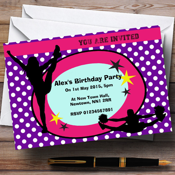Purple Cheerleader Personalized Birthday Party Invitations
