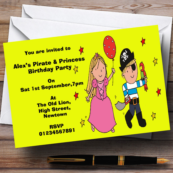 Yellow Pirate And Princess Theme Personalized Birthday Party Invitations