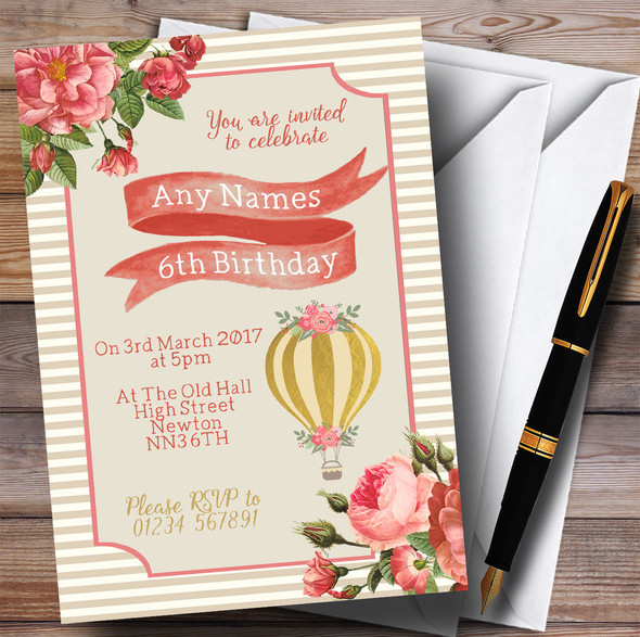 Floral Pink Gold Hot Air Balloon Children's Birthday Party Invitations