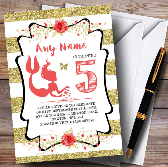 Gold Stripes Mermaid Children's Birthday Party Invitations