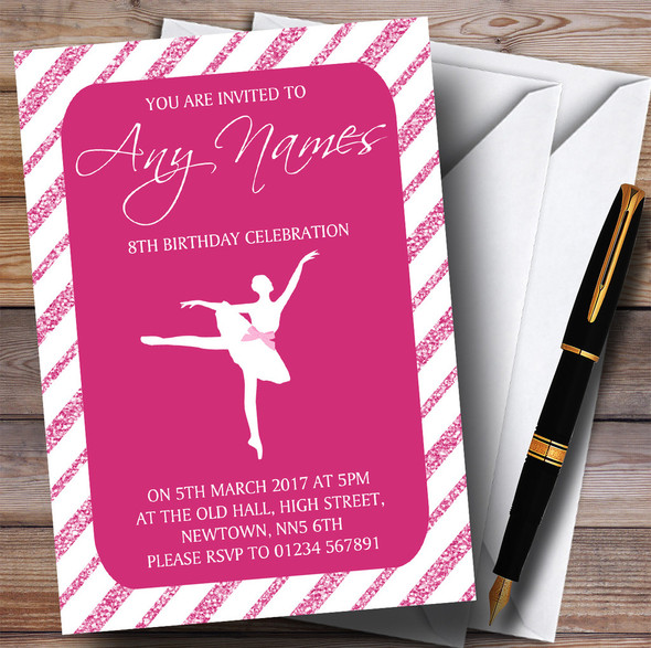 Pink Glitter Stripes Ballerina Ballet Children's Birthday Party Invitations