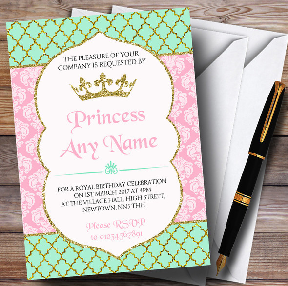 Pink Green & Gold Princess Royal Children's Birthday Party Invitations