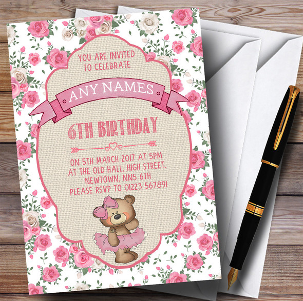 Pink Roses Girls Ballerina Ballet Teddy Children's Birthday Party Invitations