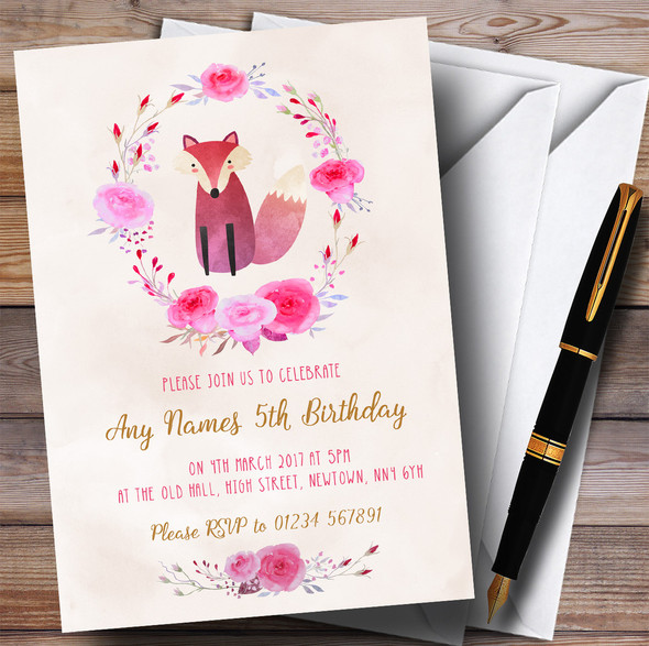 Pink Watercolour Fox Girls Children's Birthday Party Invitations