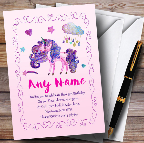 Pretty Glitter Pink Unicorn Children's Birthday Party Invitations