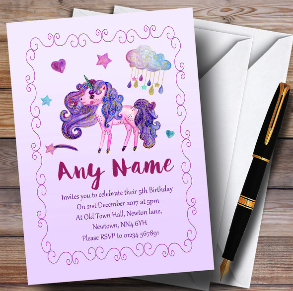 Pretty Glitter Purple Unicorn Children's Birthday Party Invitations