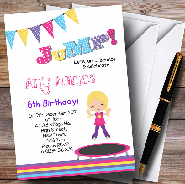 Blonde Girl Trampoline Children's Birthday Party Invitations