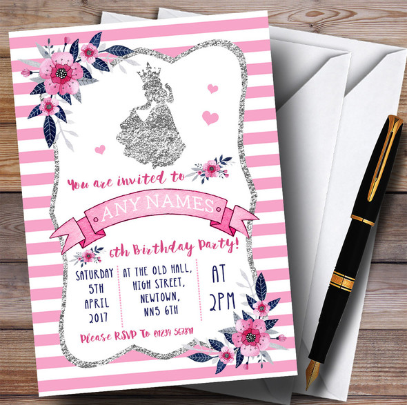 Silver & Pink Princess Children's Birthday Party Invitations