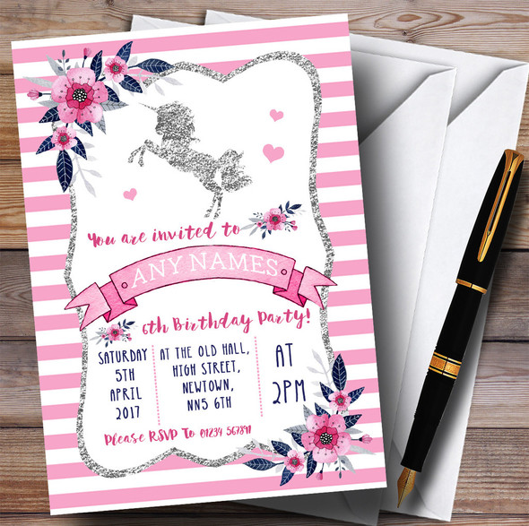 Silver & Pink Unicorn Children's Birthday Party Invitations