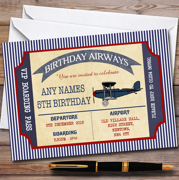 Blue & Red Boarding Pass Plane Children's Birthday Party Invitations