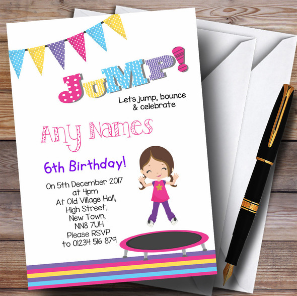 Brunette Girl Trampoline Children's Birthday Party Invitations