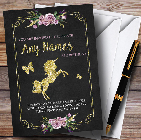 Chalk & Gold Floral Unicorn Children's Birthday Party Invitations