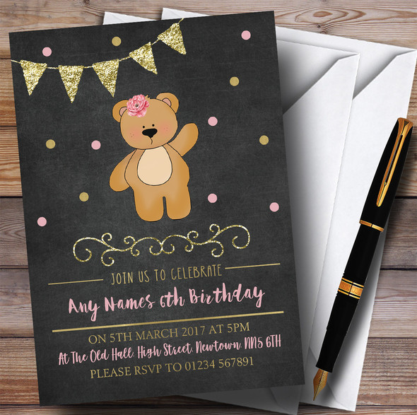 Chalk Gold Girls Teddy Bear Children's Birthday Party Invitations