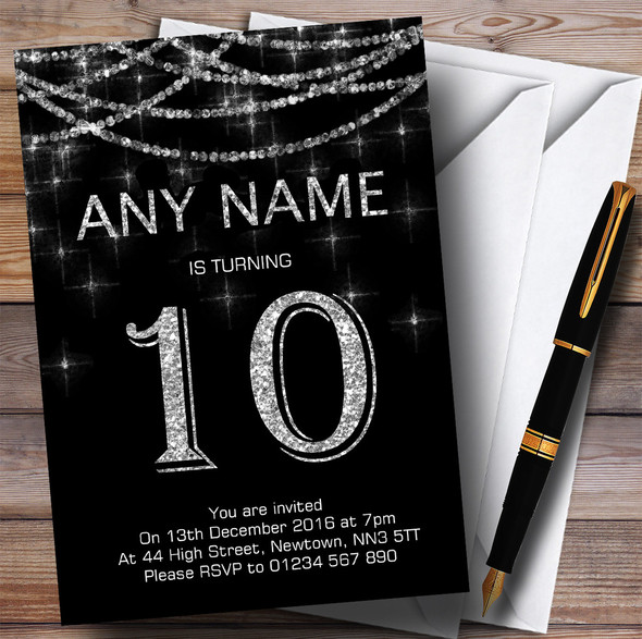 Black & Silver Sparkly Garland 10th Personalized Birthday Party Invitations