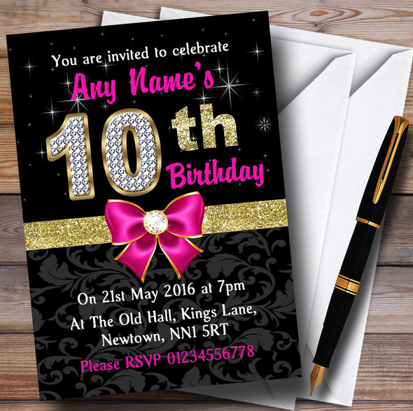 Pink Black Gold Diamond 10Th Birthday Party Personalized Invitations