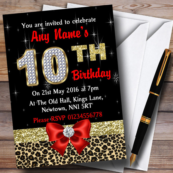 Red Diamond And Leopard Print 10Th Birthday Party Personalized Invitations