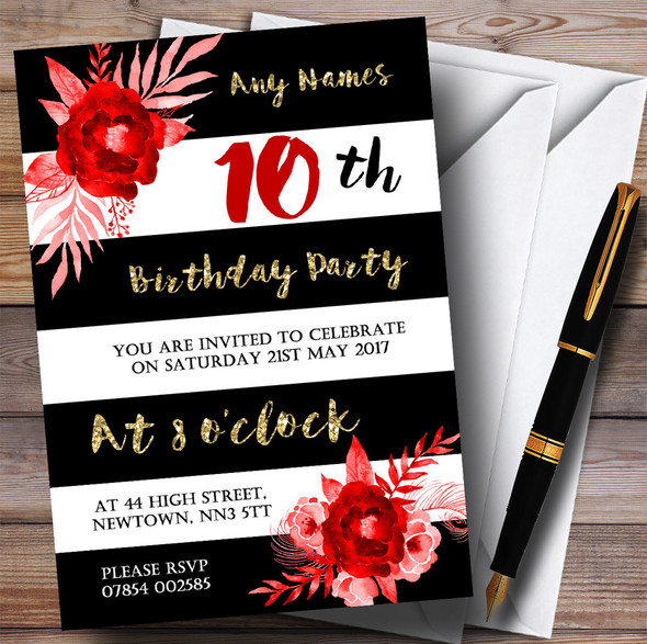 Black White Striped Gold Red Flower 10th Personalized Birthday Party Invitations