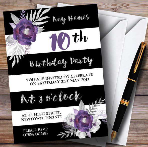 Black White Silver Purple Flower 10th Personalized Birthday Party Invitations