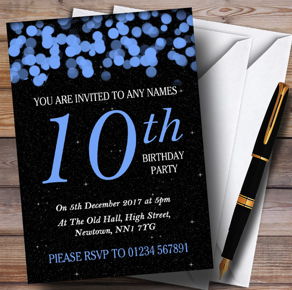 Blue Bokeh & Stars 10th Personalized Birthday Party Invitations