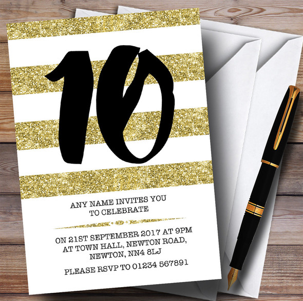 Glitter Gold & White Striped 10th Personalized Birthday Party Invitations