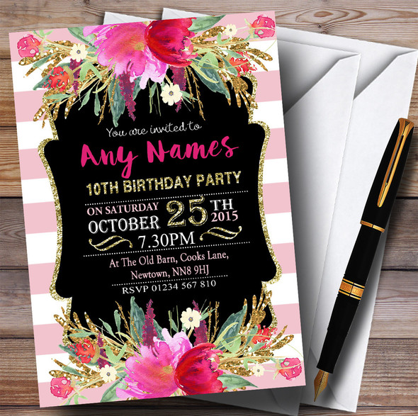 Pink & White Striped Floral 10th Personalized Birthday Party Invitations