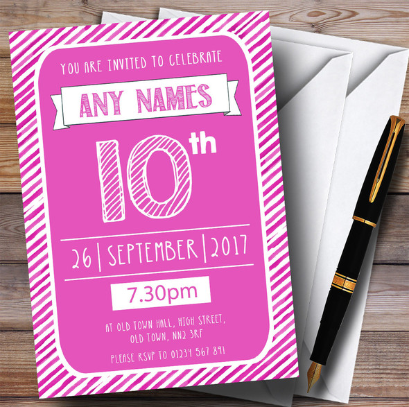 Pink & White Stripy Deco 10th Personalized Birthday Party Invitations