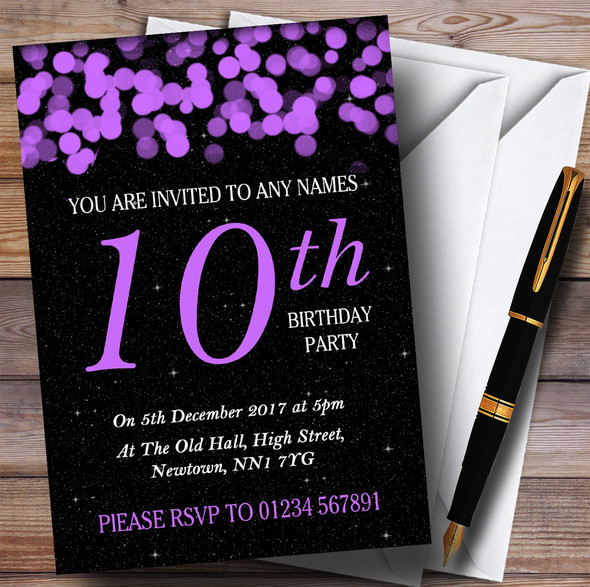 Purple Bokeh & Stars 10th Personalized Birthday Party Invitations