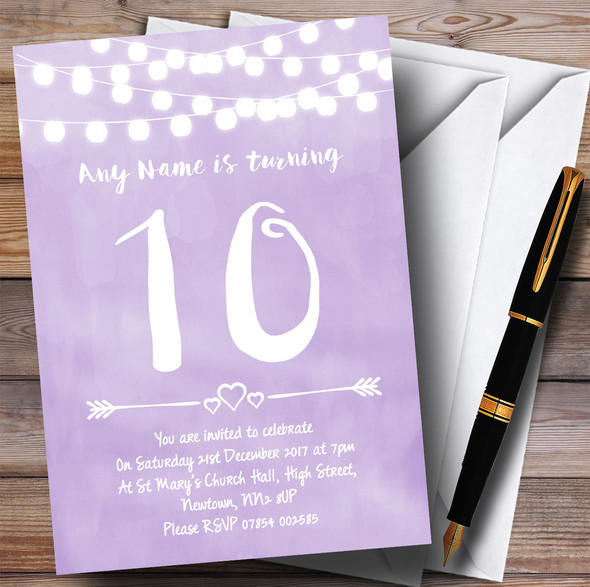 Purple Lilac Lights 10th Personalized Birthday Party Invitations