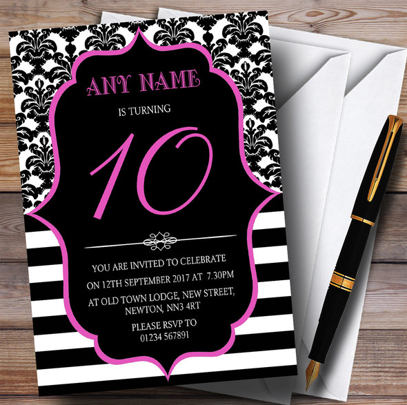 Vintage Damask Pink 10th Personalized Birthday Party Invitations