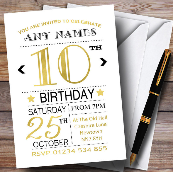 White Black & Gold 10th Personalized Birthday Party Invitations