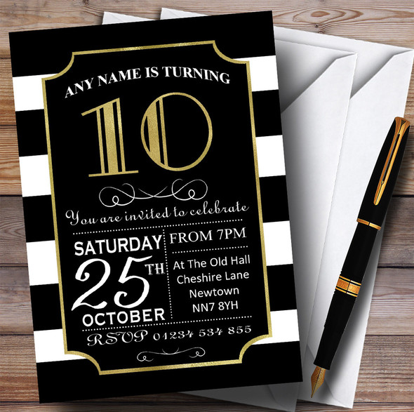 Black & White Stripy Gold 10th Personalized Birthday Party Invitations