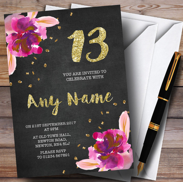 Chalk Gold Confetti Pink Flowers 13th Personalized Birthday Party Invitations