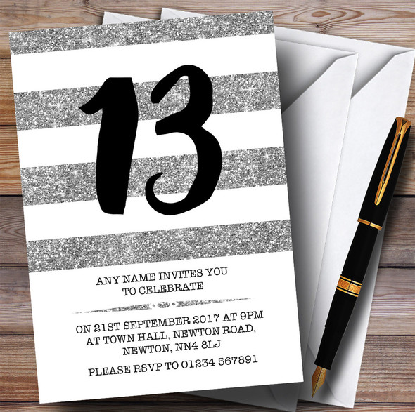 Glitter Silver & White Striped 13th Personalized Birthday Party Invitations