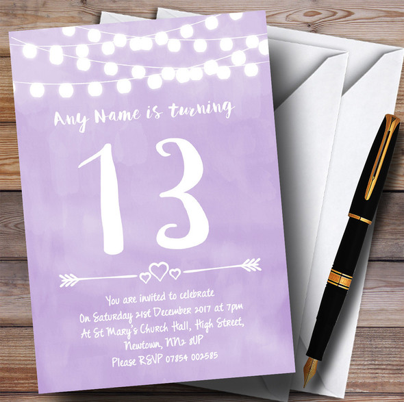 Purple Lilac Lights 13th Personalized Birthday Party Invitations