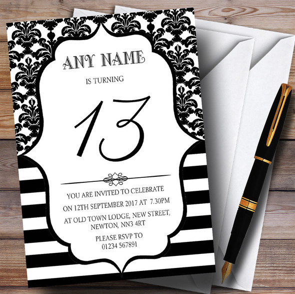 Vintage Damask Black & White 13th Personalized Birthday Party Invitations
