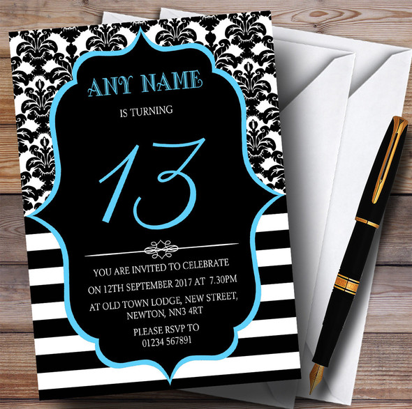Vintage Damask Blue 13th Personalized Birthday Party Invitations