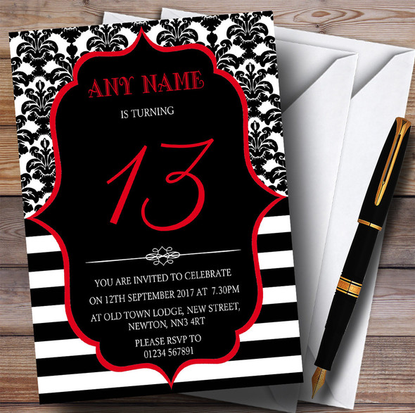 Vintage Damask Red 13th Personalized Birthday Party Invitations