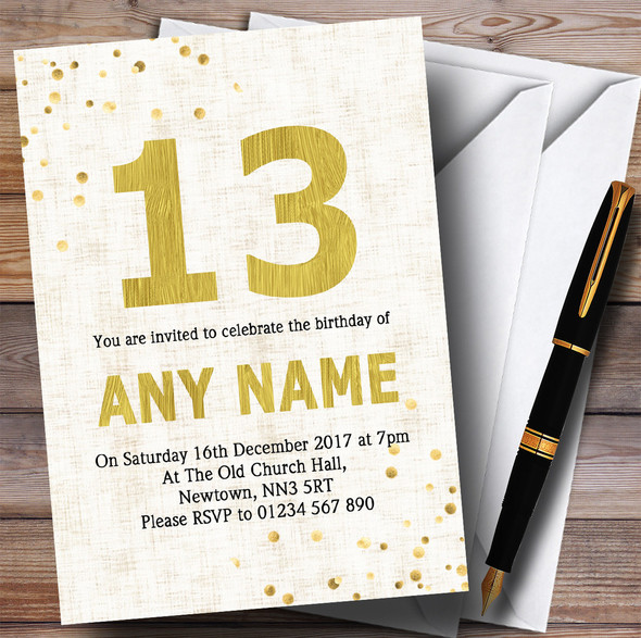 White Gold Fleck 13th Personalized Birthday Party Invitations