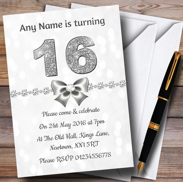 White Bokeh & Silver Glitter Look 16Th Personalized Birthday Party Invitations