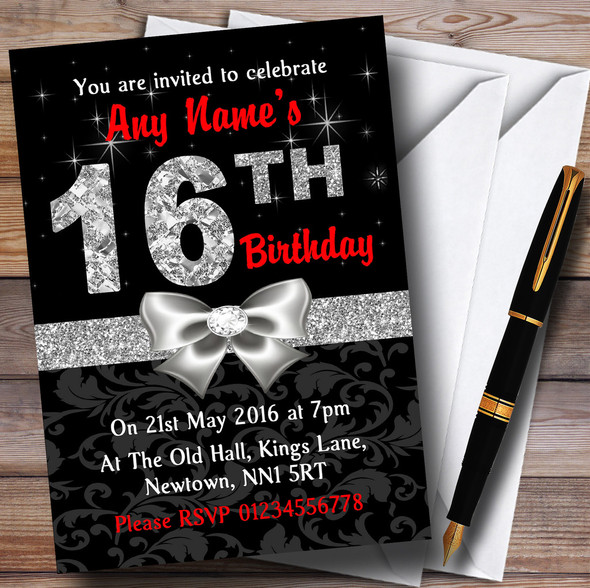 Red Black Silver Diamond 16Th Birthday Party Personalized Invitations